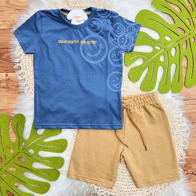 Conj. Camiseta Urban Identy Our History e Bermuda - Azul Jeans e Caramelo